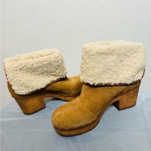 Crown Vintage Tan and Cream Mules with Shearling Collar